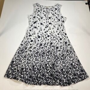 Haani Woman‎ 2X Dress White Black Floral Split Neck Gold Bar Fit Flare 11920X